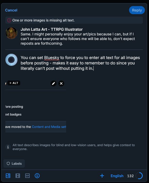 An image of this post being made, showing the required alt text notification.