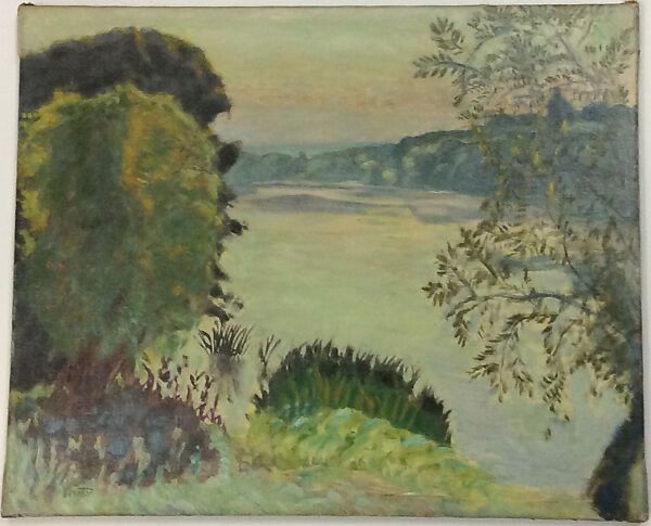 The Seine at Vernon, c. 1915–1920, by Pierre Bonnard. An impressionistic river landscape rendered in soft, hazy tones of blue, pink, and gold. The wide Seine flows gently through the centre, with indistinct reflections and blurred trees or riverbanks in the background. Loose, layered brushstrokes create a dreamy, sunlit atmosphere, evoking memory and sensation rather than precise detail