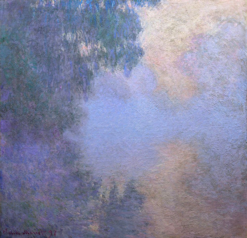 Claude Monet, Morning on the Seine, 1897. An ethereal, almost abstract Impressionist painting of a misty river scene at dawn. The canvas is filled with soft lilac, blue, and rose tones. Trees and their reflections appear as ghostly silhouettes on the left and upper edges, blending into the foggy water. The center glows with diffused light, dissolving form into pure atmosphere.