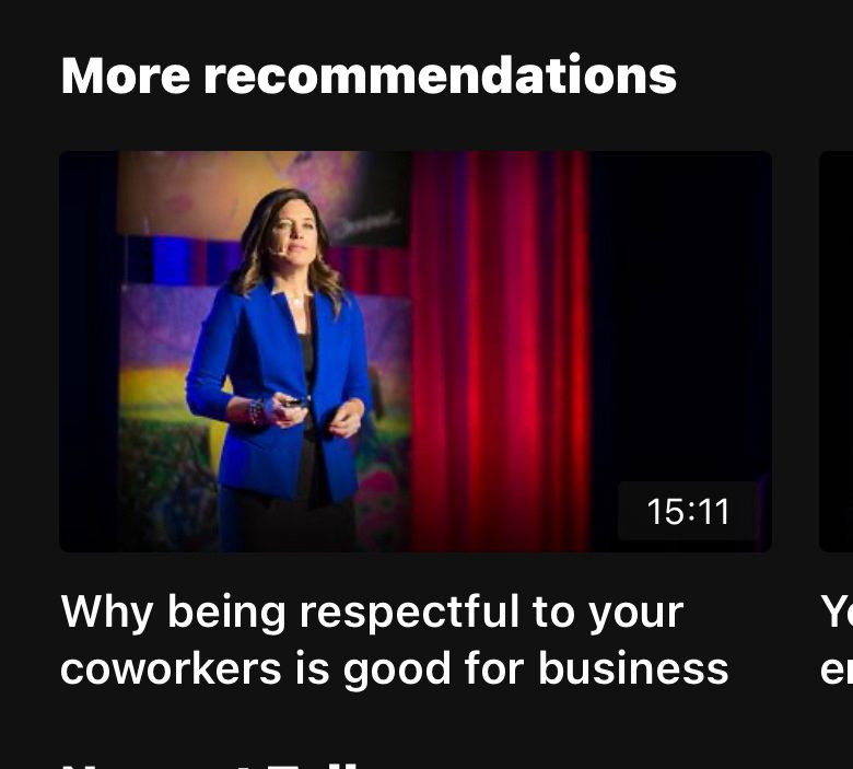 A screenshot from Ted. Woman in the blue costume stands and says smth. The video is called “why being respectful to your coworkers is good for business”. It’s funny because it is like an obvious fucking thing!!!