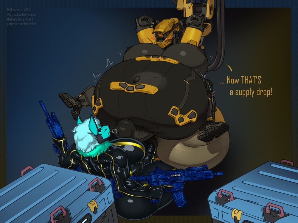 Alt with QR-M5TR's belly filled with cum, he says "... Now THAT'S a supply drop!"