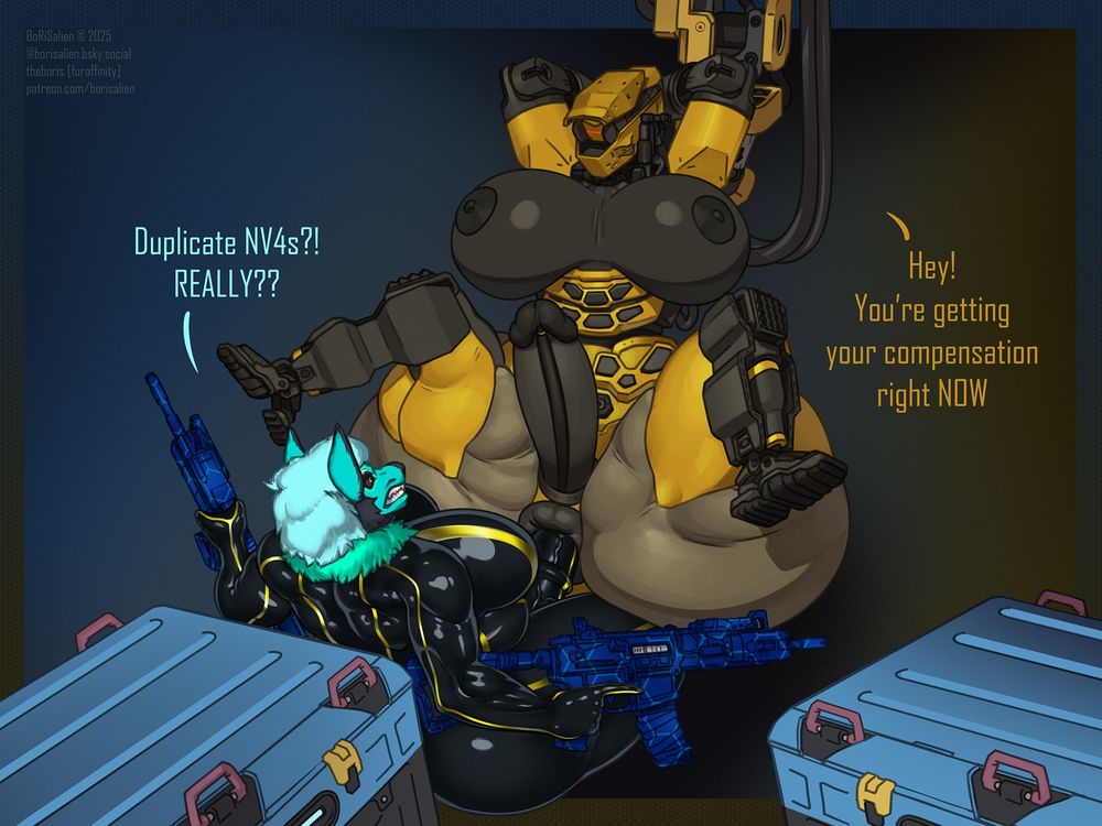 Stella (on the floor) holding duplicate NV4s, wearing a shiny, skintight suit, dick inside QR-M5TR who has a fat ass, big cock, boobs and suspended by the crane arm. Stella: "Duplicate NV4s?! REALLY??" QR-M5TR: "Hey! You're getting your compensation right NOW"