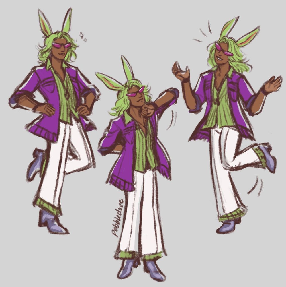 Digital colored sketches of Dancing Green doing the step dance, the ball dance, and the harvest dance