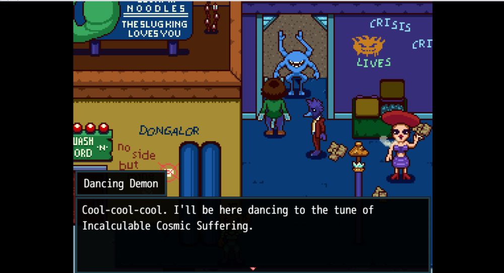 Screenshot from a project called "Cathy Goes Flipside" showing a back alley scene w/ some visible signage and graffiti on nearby buildings as well as several characters. 