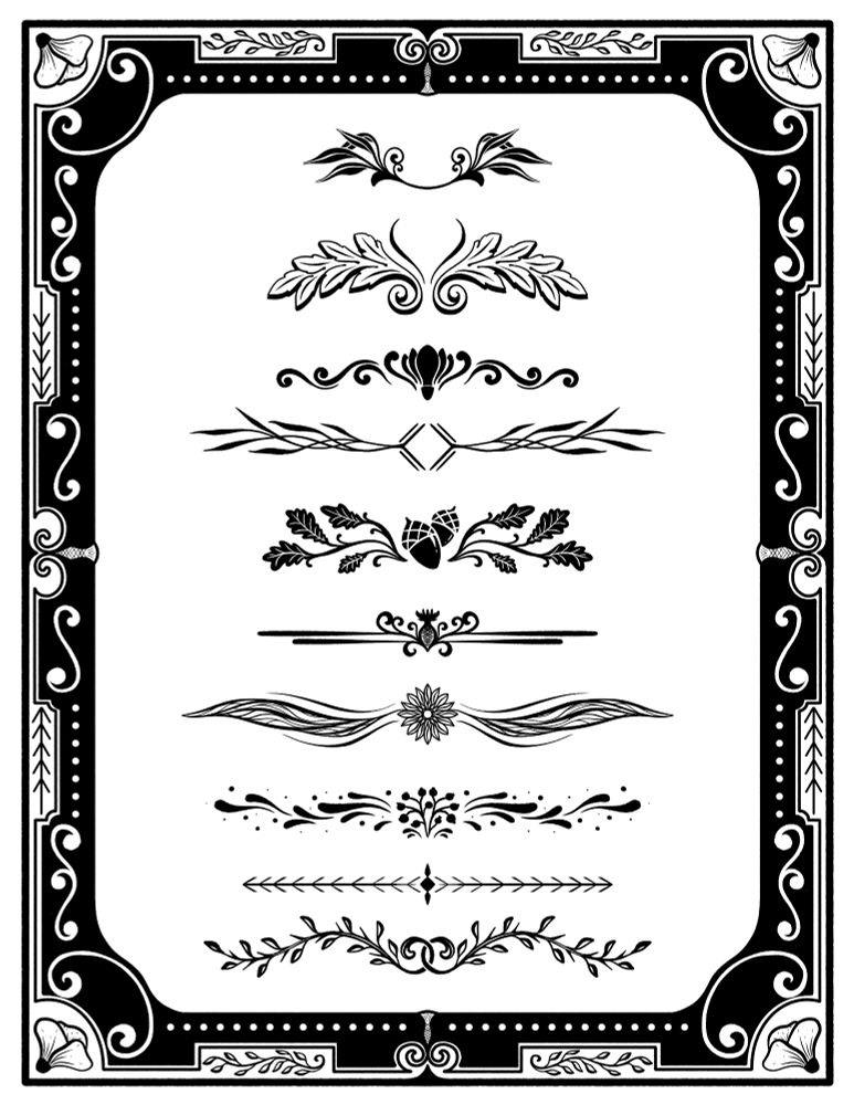 Black and white page border illustration with nature and folksy motifs and 10 page dividers with matching vibes.
