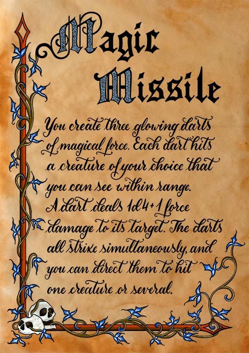 Magic Missile d&d spell scroll illustration with blackletter style title and vine border featuring two skulls in bottom left corner.