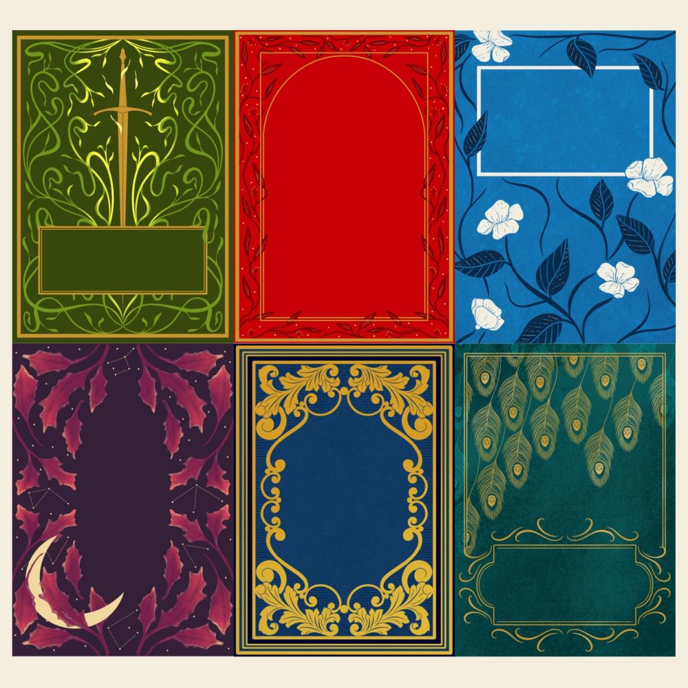 6 colourful book cover illustrations in green, red, blue and purple colours.