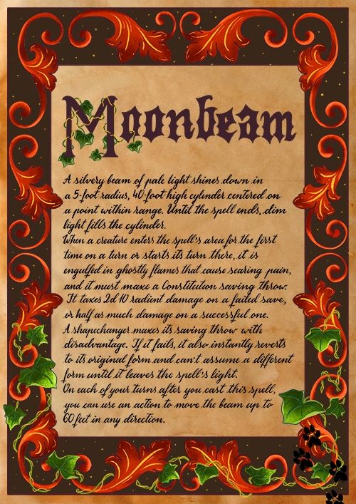 Moonbeam d&d spell scroll illustration in medieval illuminated style with fiery red scrollwork intertwined with vines and black paw prints in bottom right corner.
