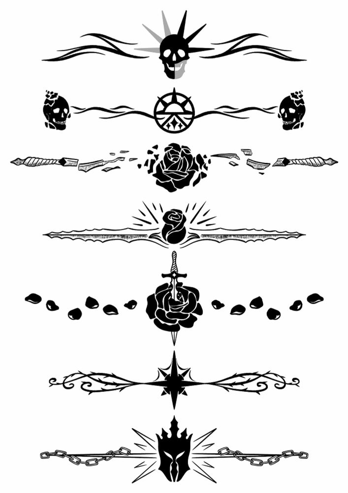 7 black and white page divider illustrations featuring skulls, roses and blades.