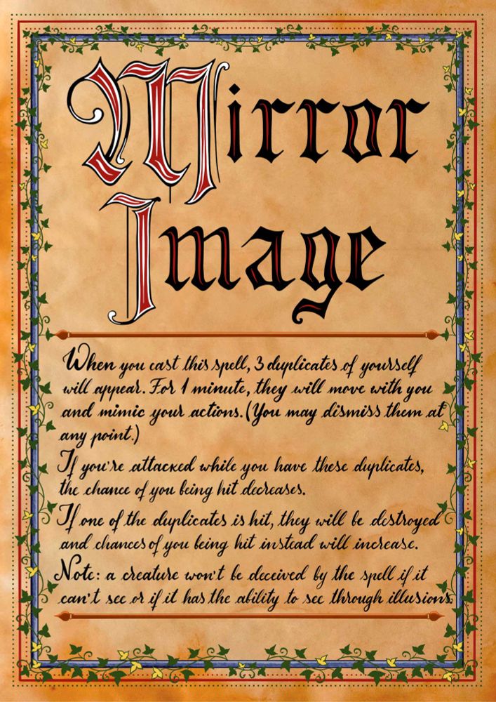 Mirror Image d&d spell scroll illustration with blackletter style title and vine border.
