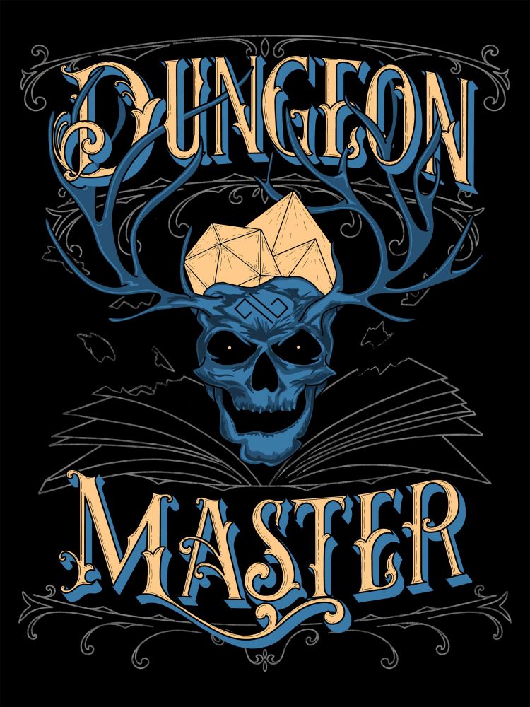 An illustration on a black background of a blue humanoid skull with antlers holding 3 yellow dice. Dungeon Master in yellow and blue vintage style text frames the illustration. Grey linework illustration of an open book sits just below the skull while further linework flourishes the text.