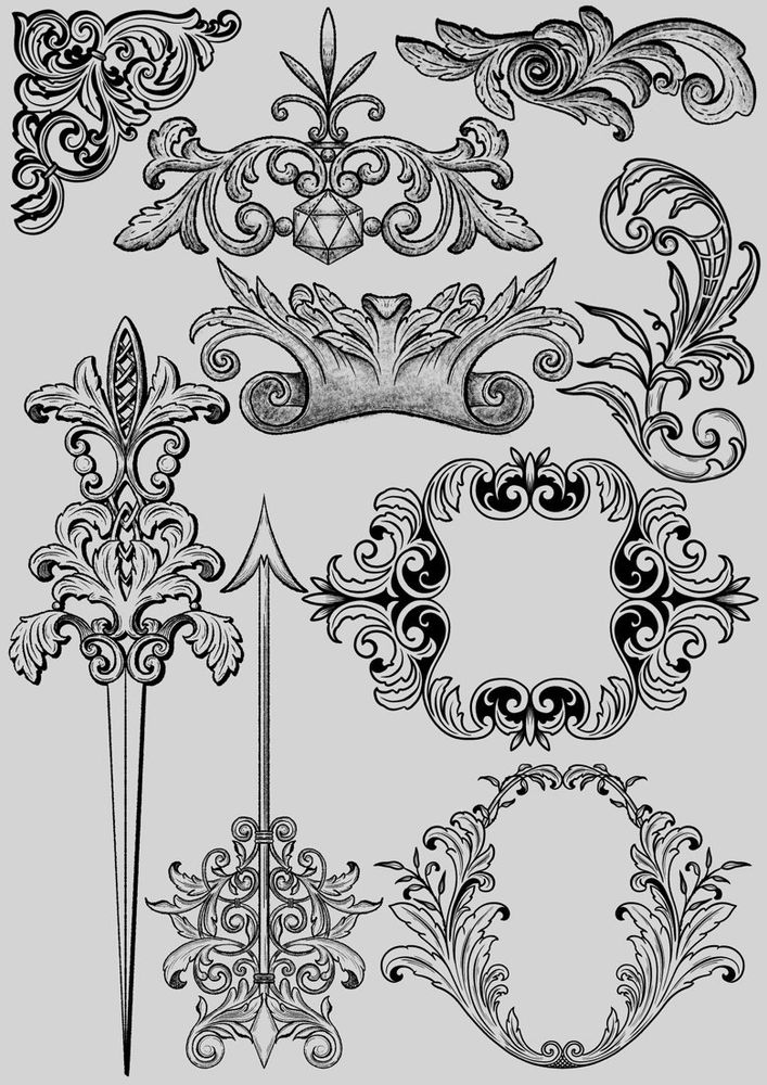 Black and white illustrations of scrollwork page decor 