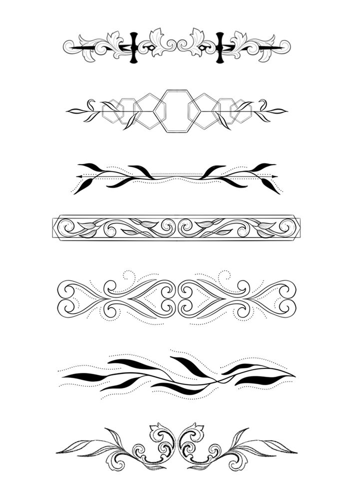 7 black and white page divider illustrations featuring elongated leaves.