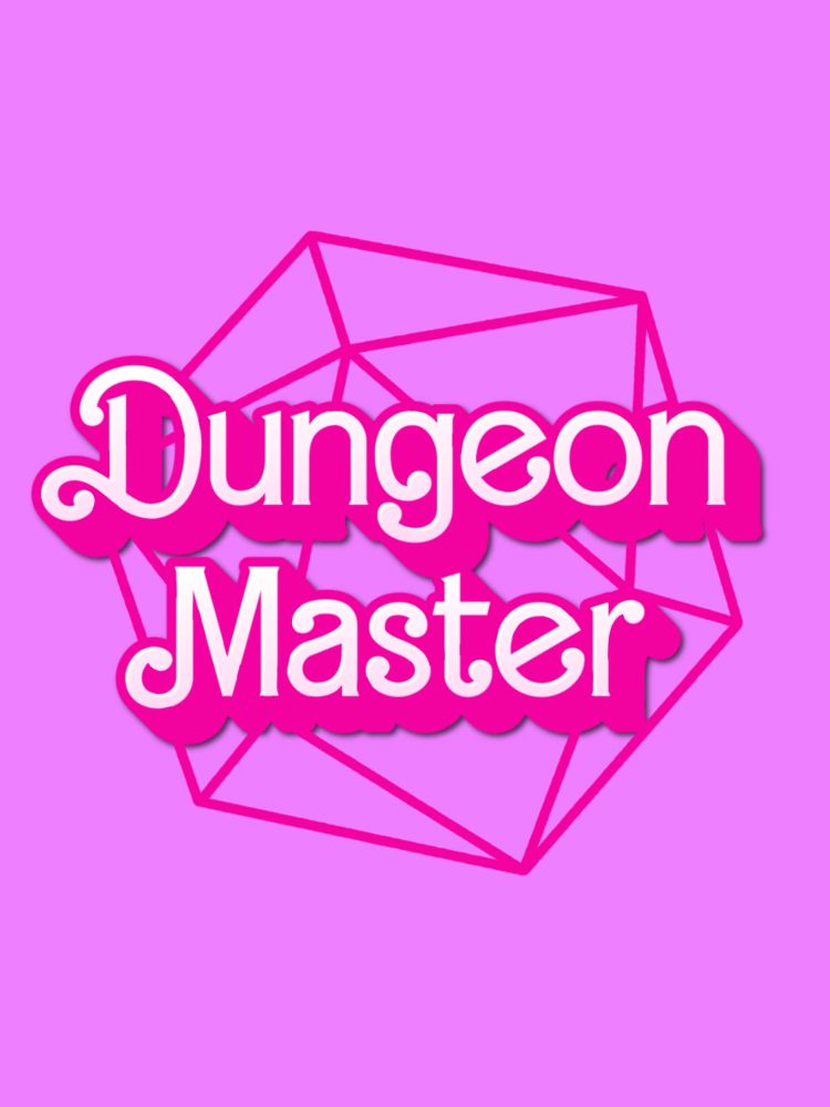 Dungeon Master text in white with pink 3d drop shadow sits on a d20 die illustration in the same pink shade on a lighter pink background.