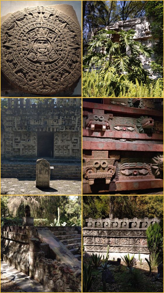 A collage of 6 photos taken at the National  Anthropology Museum of Mexico. The photos show the Aztec sun stone and 5 replicas of temples.