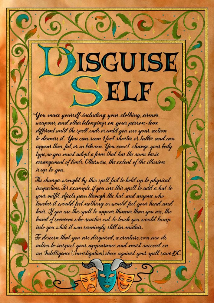 Disguise Self d&d spell scroll illustration in medieval illuminated style featuring 3 masks.