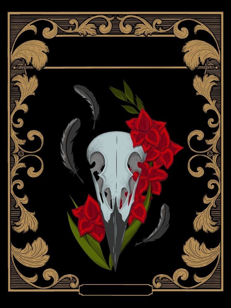 A book cover illustration with gold scrollwork border and a black background. In the centre is an illustration of a raven skull with 3 feathers and a gladioli stem with red flowers.