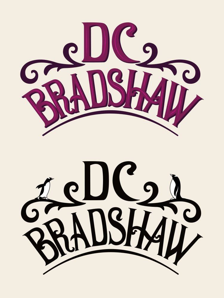 Two versions of a logo for DC Bradshaw. The text is in two lines with DC at the top and Bradshaw in arch shape on the bottom with a line at the bottom. Playful serifs and ligatures feature in Bradshaw. 
Symmetrical swishes frame DC. Top version shows the logo in a purple colour scheme, the bottom one shows it in black with two penguins chilling on the swishes.