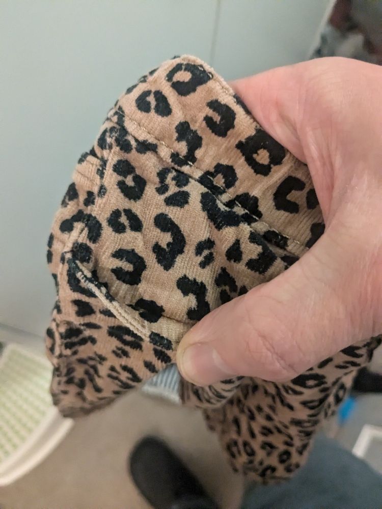 A picture of faux leopard skin corduroy trousers for a 5 year old. They could be worn by any gender but are sold in the typically "girl" area of a shop and they have FUCKING FAKE POCKETS