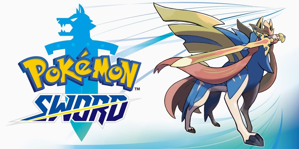 Game art for the game Pokémon Sword, including the logo and the Pokémon Zacian who is a blue and red dog holding a gold and red sword in its jaws