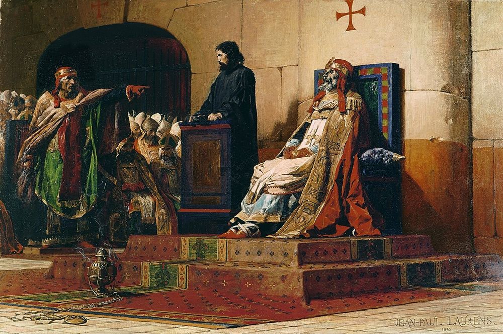 Image of a painting of the "Cadaver Synod" showing a decaying exhumed corpse, dressed in full papal regalia and sat on a throne, being cross examined by a man in elaborate robes. A man, I assume the judge, stands in black clothes at a lectern between the corpse and the cross examiner.
