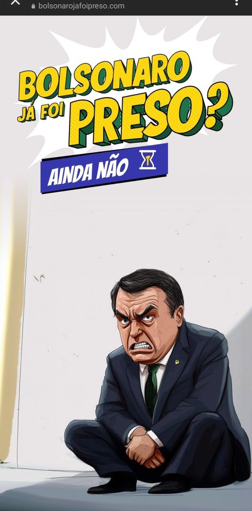 Site bolsonarojafoipreso.com com um letreiro amarelo bem grande escrito "Bolsonaro já foi preso?" e um outro letreiro roxo em baixo escrito "ainda não"