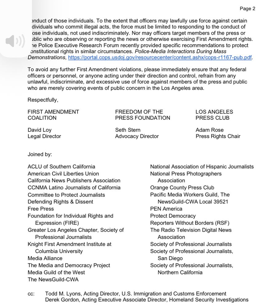 Coalition letter to DHS Secretary Kristi Noem: First Amendment concerns related to federal officer conduct in Los Angeles area — Page 2