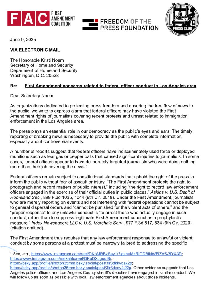 Coalition letter to DHS Secretary Kristi Noem: First Amendment concerns related to federal officer conduct in Los Angeles area — Page 1
