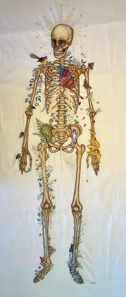 Life size hand embroidered skeleton (161 cm) using 1 strand DMC on cotton duck. Artist Aimee Argh, New Zealand 
