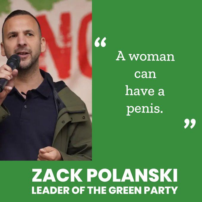 Photo of an image with Zack Polanski on the left holding a microphone and white text on a green background on the right, in inverted commas "A woman can have a penis", below in capital letters, Zack Polanski, leader of the Green Party.