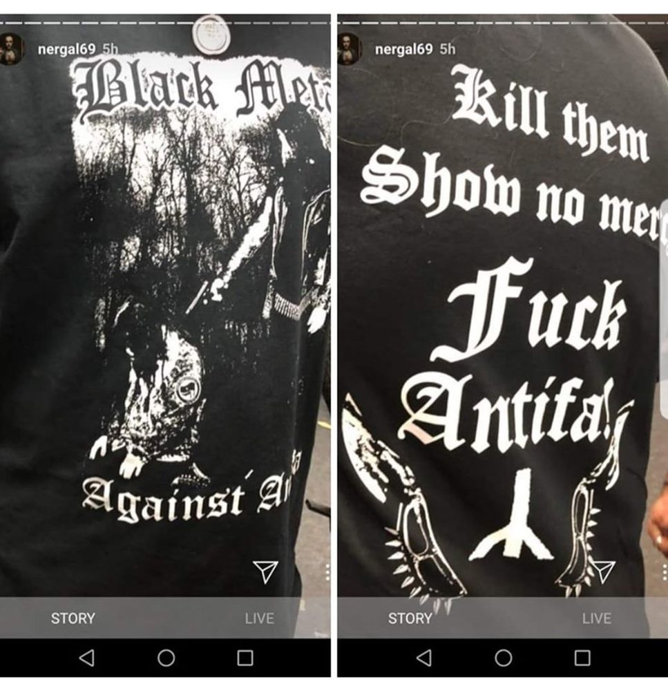 Tshirt porté par Nergal : Fuck antifa, kill them, show no mercy, black metal against antifa