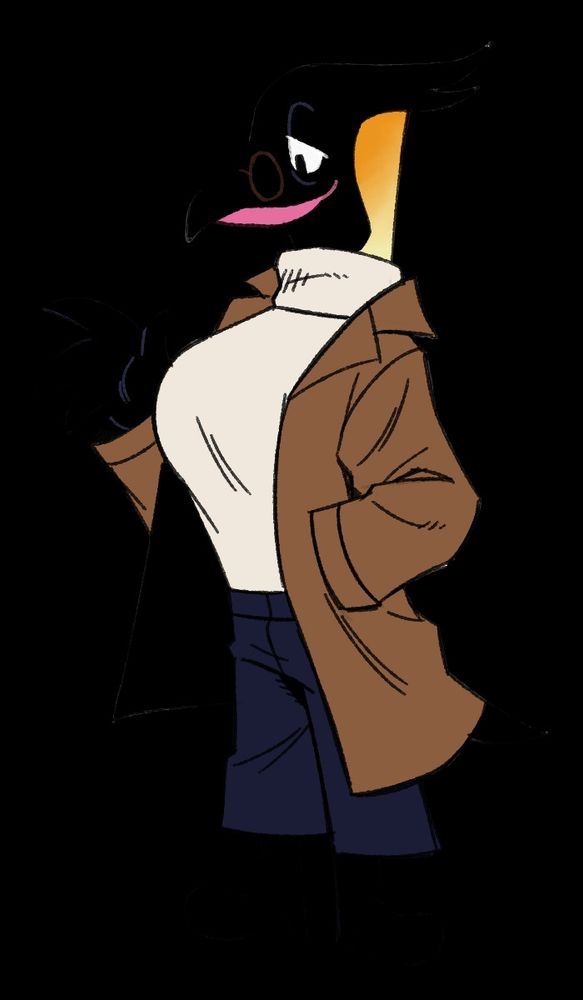 Regina, a penguin gal, in a turtleneck, coat, blue pants, and black boots. Art by SilverScarf.