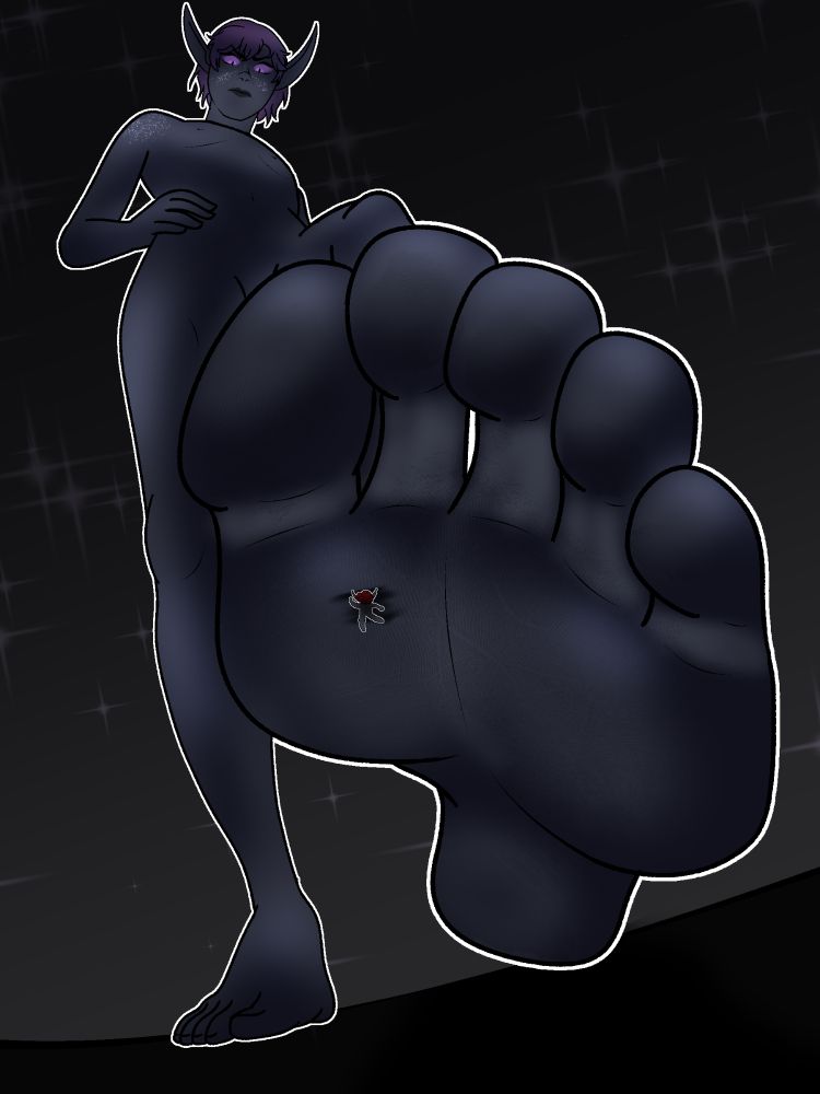 A shot of Celestial!Rastle from below, his bare foot in the foreground with a minuscule Dast stuck to his sole. 