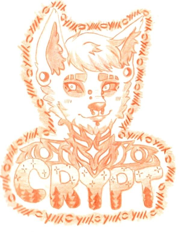 An orange monochromatic pencil drawing of a canine furry. He is a white Chihuahua that is very emo style wise. His sideswept hair and some of his fur is dyed darker, and he has dark geometric tattoos from the neck down. It cuts off just below the shoulder where his name, "Crypt" is written in pine tree patterned bubble text. The whole drawing is lined in barbed wire pattern. He has two nose bridge piercings, a septum ring, a single lip stud and ear spacers.