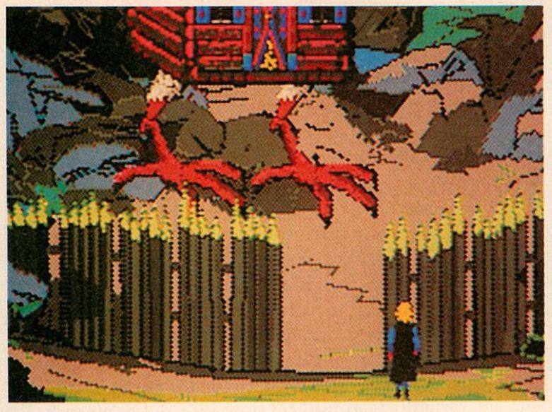 An early screenshot of Hero's Quest from Game Player's PC Buyer's Guide, vol. 2 no. 5 (Nov/Dec 1989). The image shows the Hero outside Baba Yaga's hut with the gate open. The skulls on the fence are absent, and the hut has a different door design.
