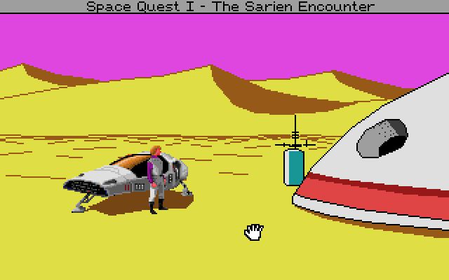 A screenshot from the VGA floppy version of Sierra's Space Quest IV, showing Roger outside his time pod in Ulence Flats in the Space Quest 1 time period. The upper-left corner no longer has a line of glitched black pixels.
