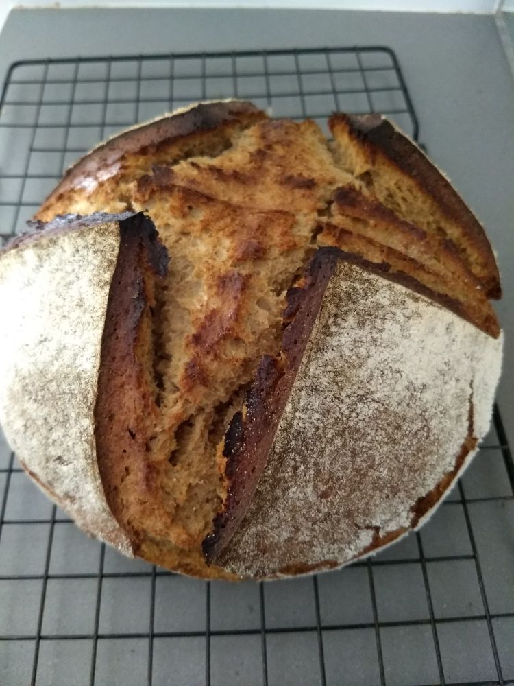 A sourdough pumpernickel loaf on a cooling rack
