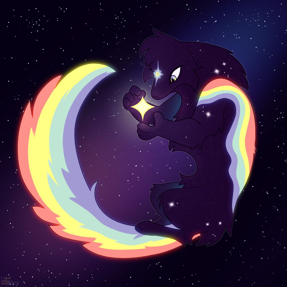 Digital illustration of a deep purple wolf-like creature floating in space. There are speckles like stars in their fur, and stripes of rainbow across their back and tail. They are holding a star or symbol of magic between their paws.