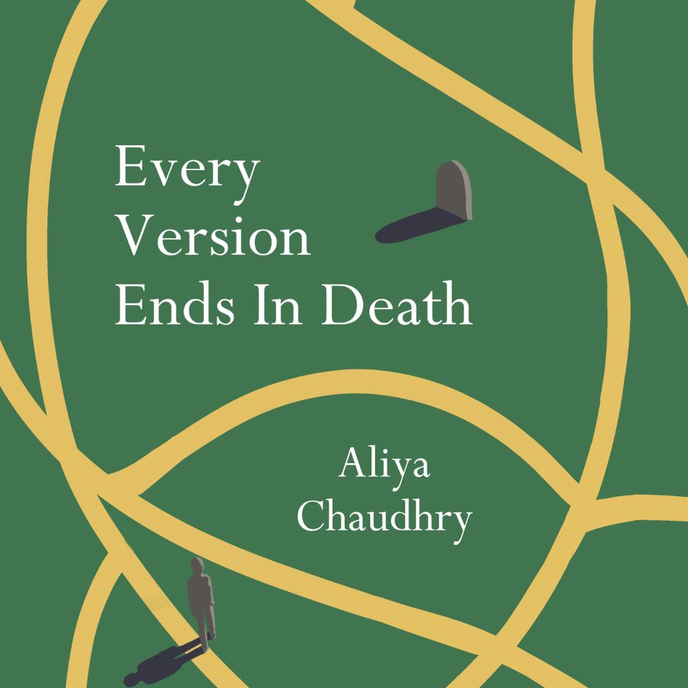 Green background with yellow paths. A grave and a solo figure of a person.