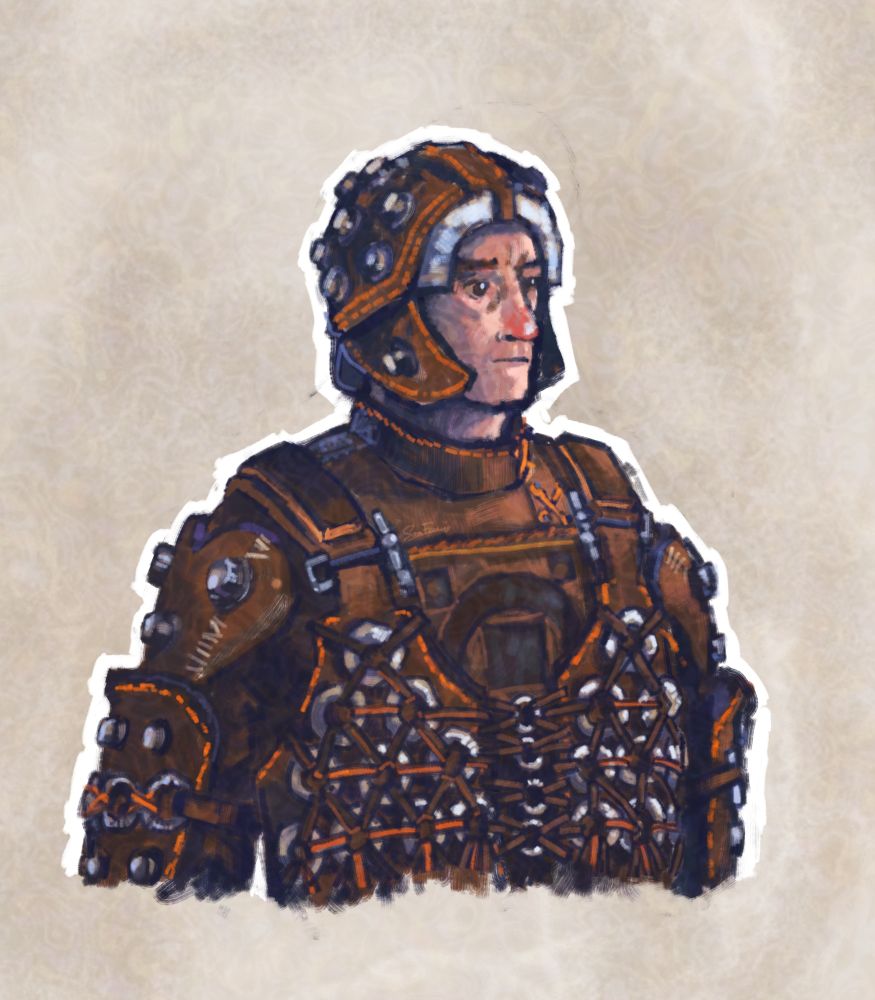 Portrait of Joruf from Horizon Forbidden West. He is heavily dressed in thick leather armour that is riddled with metallic rings strapped together all over. 