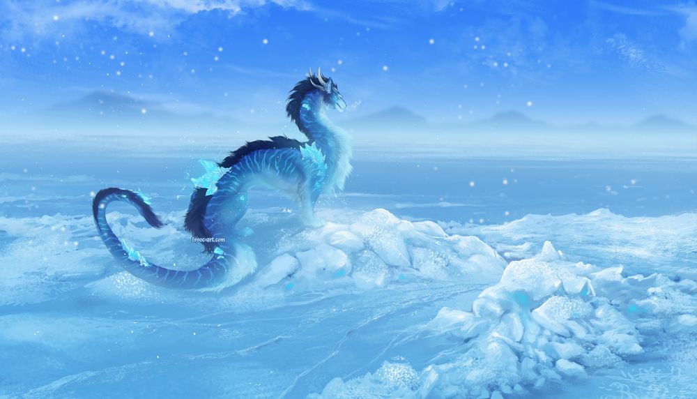 Blue, striped noodle dragon with icy-crystal growths overlooking polar sea while perching on ice.