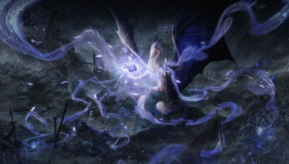 A dragon amidst old battlefield. They are using magic to gather memories and turn them into pages in the magical book. The rain is pouring and general atmosphere is grim.