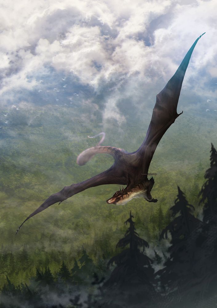 Furred, mammalian dragon swooping over norther patch of forest. He looks very happy and peaceful.