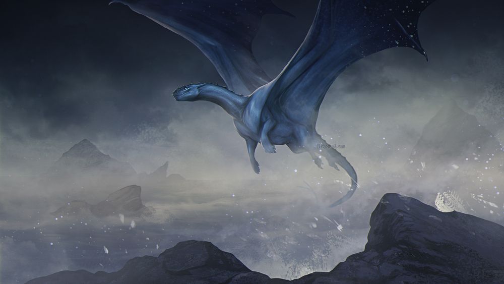 Blue, pernese dragon named Imageth flying across misty shores of his home.