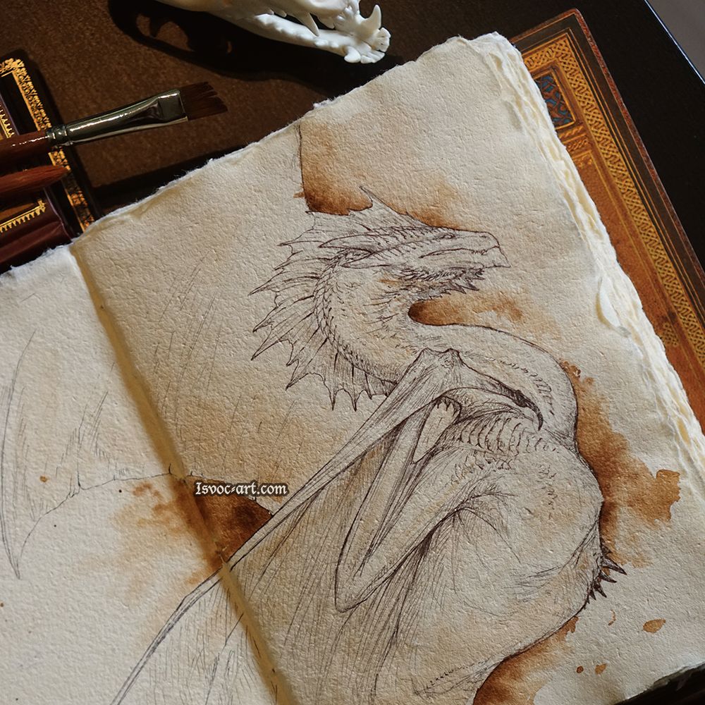 Photo of a sketchbook with a drawing of an agile looking wyvern.