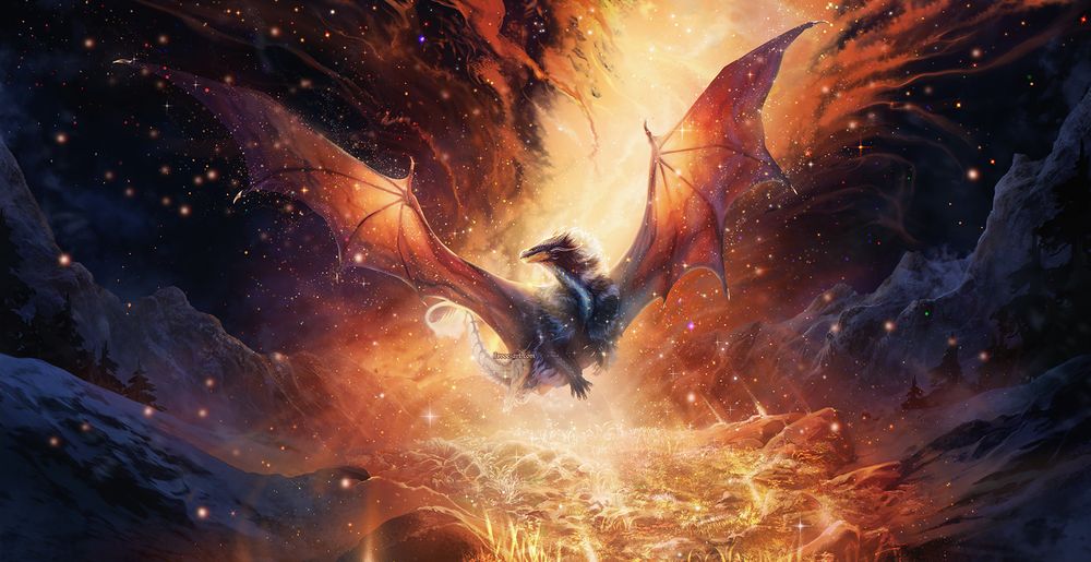 A dragoness flying across an ever dark land bringing the sun and the stars with her magic.