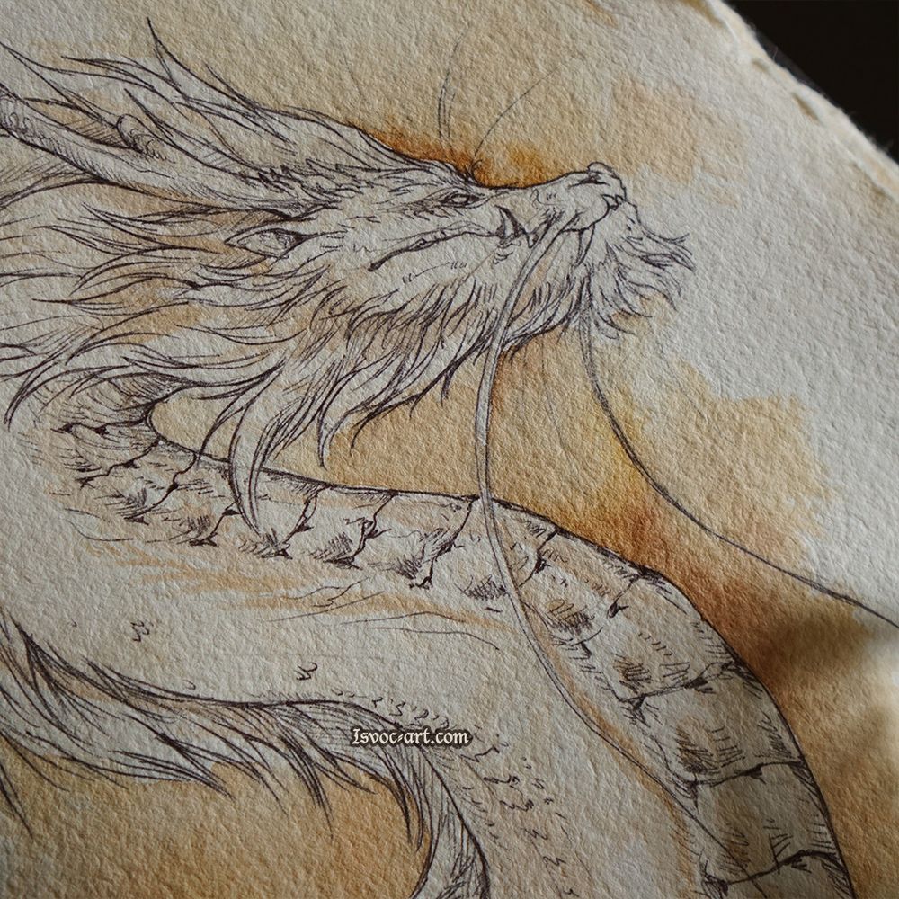 Photo of a sketchbook with a drawing of an eastern, maned dragon. WITH WHISKERS!!! :D