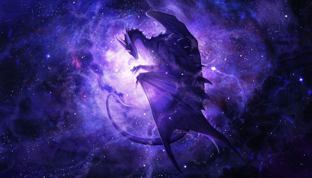 Purple dragon cradling around violet clusters of stars, drifting peacefully in space.