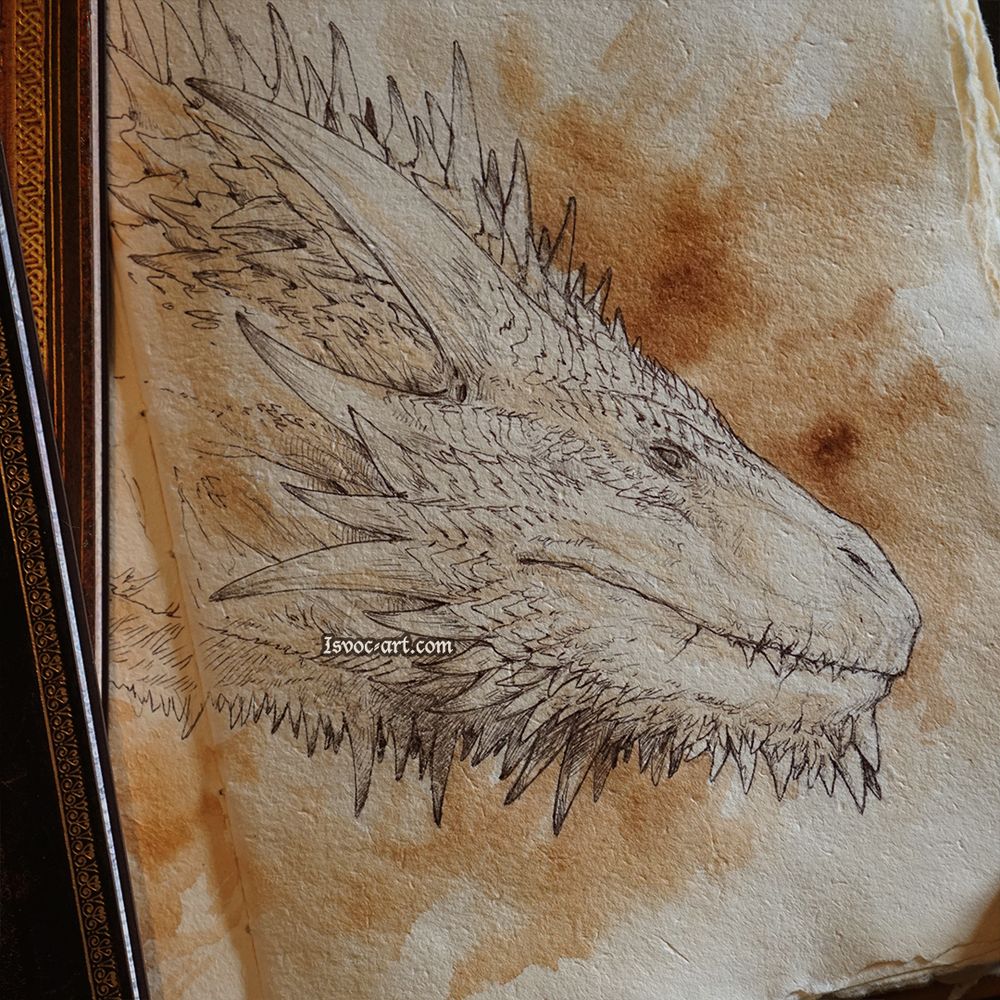 Photo of a sketchbook with a drawing of a spiky, focused dragon face.