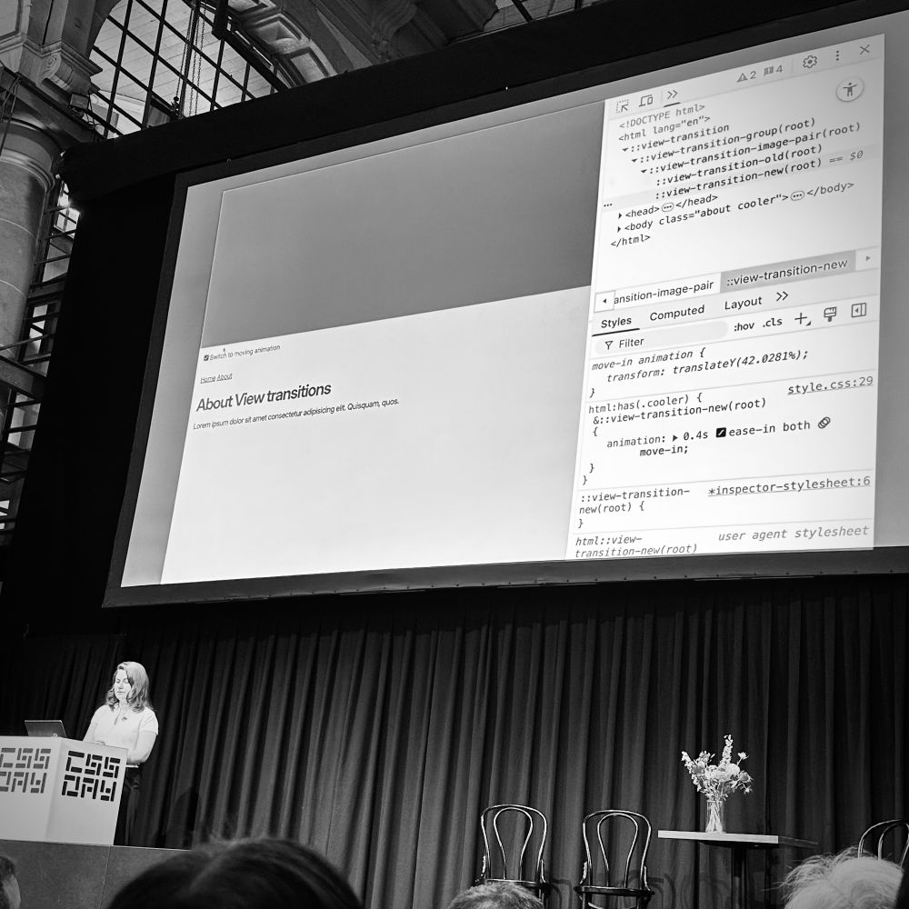Cyd on stage showing a Chrome browser with open developer tools demonstrating a paused view transitions state. 